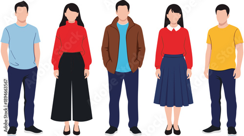 Casual group of diverse people standing together vector illustration, multi ethnic men and women characters for social community business teamwork,