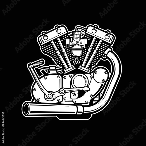Classic V-twin motorcycle engine illustration on black background.