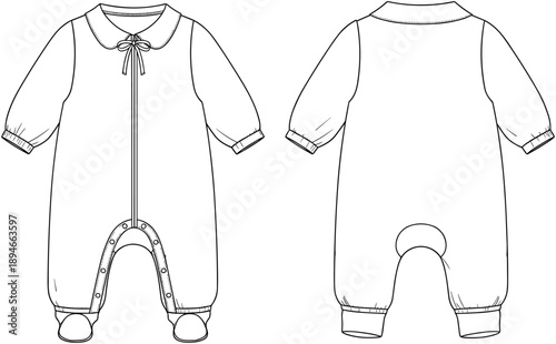 Baby long sleeve romper technical flat sketch, infant bodysuit with Peter Pan collar and front zipper template for fashion design,