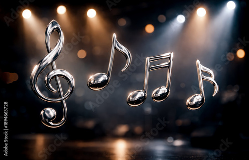 Various music notes floating against a blurred concert stage background with copy space for text