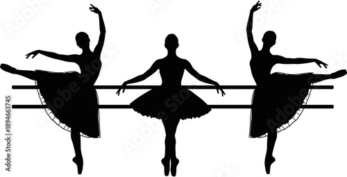 Elegant black silhouettes of three ballet dancers performing at a barre featuring classic dance poses for studio promotion and performance.