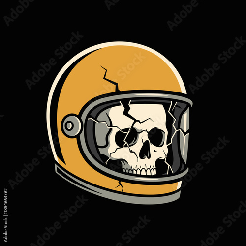 Skull in a cracked astronaut helmet on a dark background.