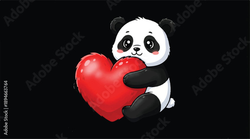 cartoon panda bear holding big red heart