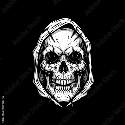 Intricate Hand-Drawn Skull with Hooded Robe Illustration.