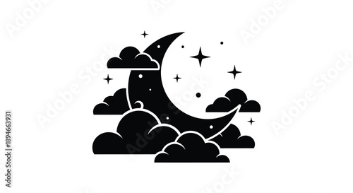 A black silhouette of a crescent moon peeks from behind fluffy clouds with twinkling stars above silhouette