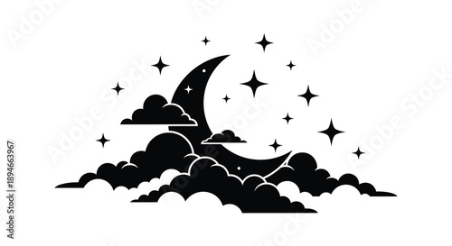 A dreamy nightscape featuring a crescent moon fluffy clouds and sparkling stars in a dark silhouette high quality