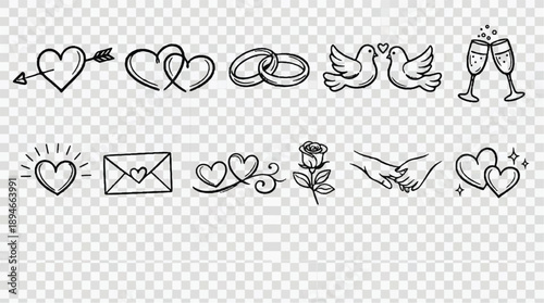 Collection of love and wedding icons on transparent background for valentines day