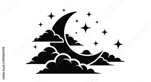 A serene nighttime scene depicts a crescent moon and fluffy clouds adorned with twinkling stars a striking silhouette