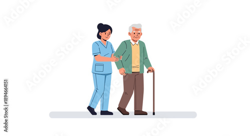 vector illustration of a young nurse helping an elderly man with a walking stick, for healthcare or caregiving presentation isolated on White Background