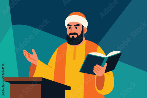 Man in traditional attire speaking from podium with open book and raised hand, set against geometric blue background.