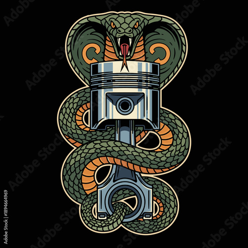 Cobra snake wrapped around a piston engine part.