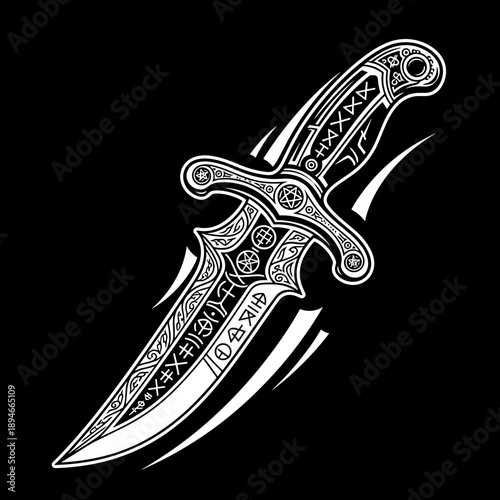 Intricately designed dagger with ornate handle and blade.