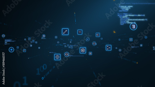 AI automation digital network with data flow icons and futuristic technology interface background