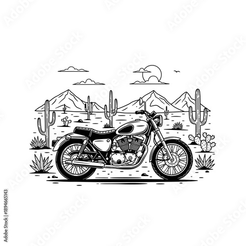 Classic motorcycle parked in a desert landscape.