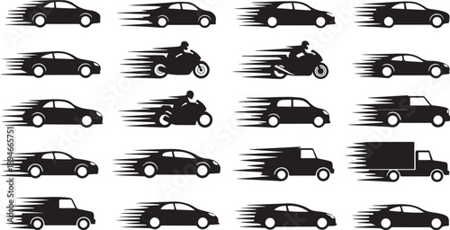Vehicles in Motion Silhouette Graphics for Design and Illustration