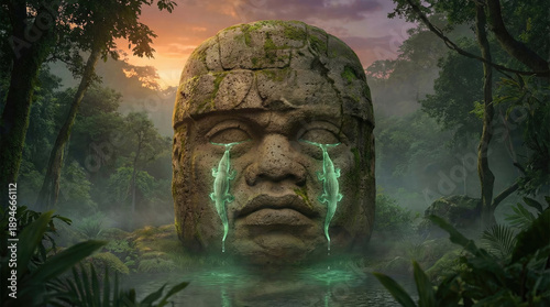 Ancient stone sculpture with glowing tears in lush jungle setting, evoking mystery and wonder