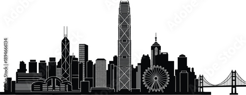 hong kong, skyline, cityscape, silhouette, buildings, urban, architecture, skyscraper, landmark, harbor, vector, illustration, modern, business, downtown,