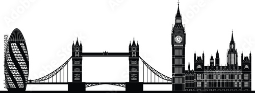 london, skyline, silhouette, landmarks, tower bridge, big ben, gherkin, cityscape, architecture, urban, travel, vector, illustration, england, europe, tourism, modern, 