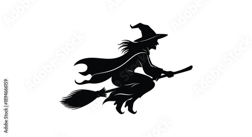 A striking black silhouette depicts a witch flying on a broomstick against a plain white background silhouette