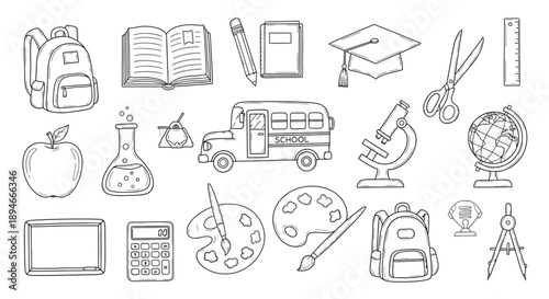 Collection of hand-drawn school supplies and educational items.