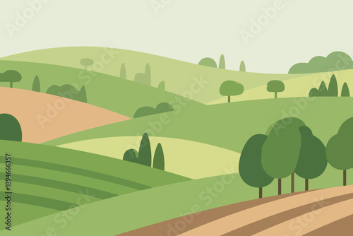 Rolling hills with trees and striped fields in tranquil rural landscape under clear blue sky.