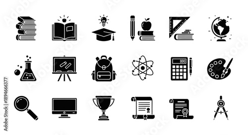 Collection of educational and school related icons in silhouette.
