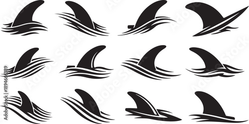 Shark Fin Silhouettes Swimming Through Ocean Waves Illustration Set