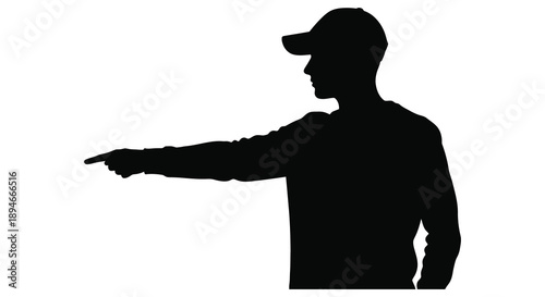 A striking black silhouette depicts a man in a cap pointing forward with determination and focus silhouette