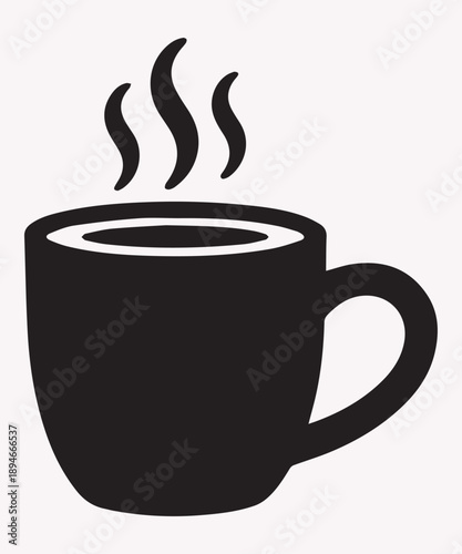 A simple black and white illustration of a steaming cup of coffee or tea