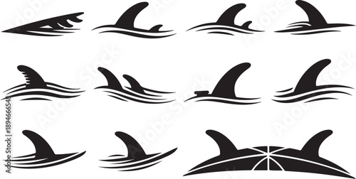 Various Black Silhouettes of Dolphins Swimming in Ocean Water