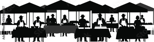 farmers market silhouette, street vendor stalls, outdoor marketplace, people shopping, local business, food stand, black white vector illustration set collection