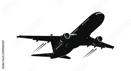 A sleek passenger airplane is depicted in mid flight ascending with motion lines a striking silhouette high quality professional