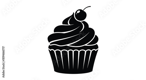 A delectable black cupcake with rich frosting and a bright red cherry on top silhouette high quality professional