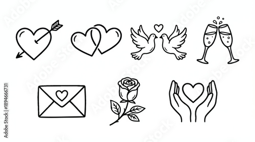 set of cute line drawn Valentines Day icons  hearts love romance symbols
