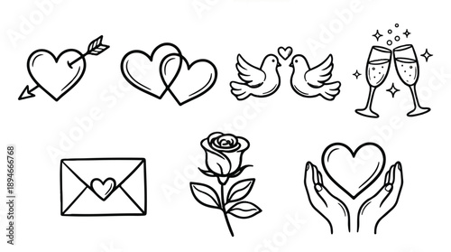 set of romantic love icons and Valentines day symbols