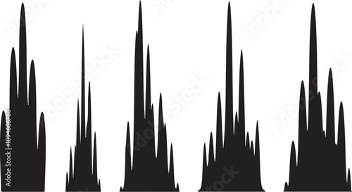 Black silhouette city skyline with tall buildings and mountains