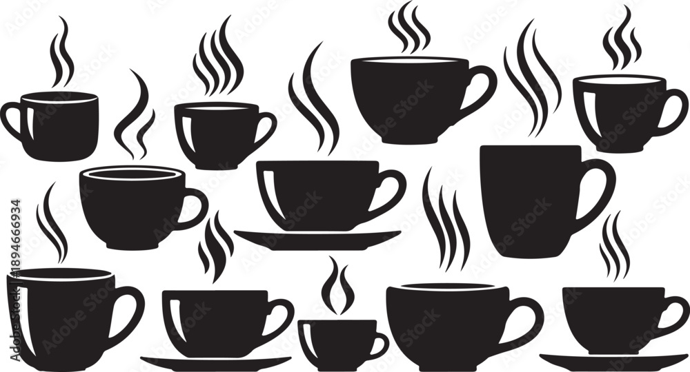 Obraz premium Black coffee cups with steam rising on white background
