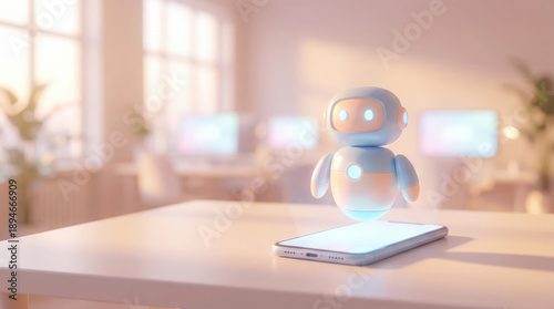Friendly ai assistant cute robot hologram robot smartphone modern office bright light pastel color technology digital assistant artificial intelligence floating friendly ai assistant cute robot