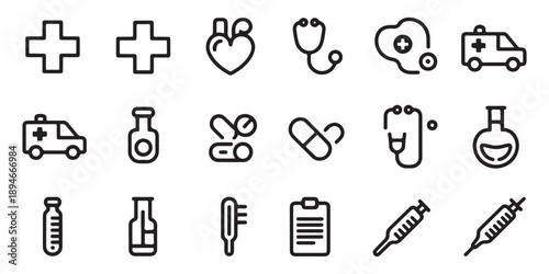 Health care and medical thin line icons for mobile apps and website featuring medicine lab supplies