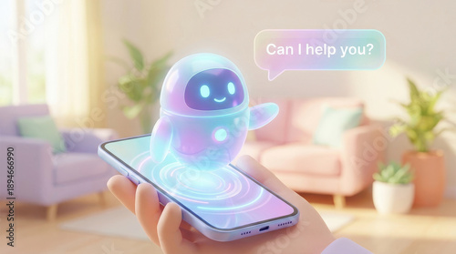 Friendly ai assistant hologram chatbot digital helper smartphone pastel cute robot technology virtual support service friendly ai assistant hologram chatbot digital helper smartphone pastel cute