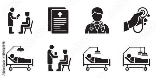 Doctor consulting patient and hospital bed nursing icons in solid black silhouette style for design