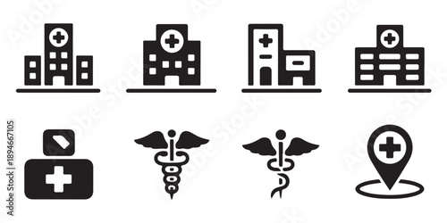 Hospital building icons and medical cross location symbols for healthcare services vector set