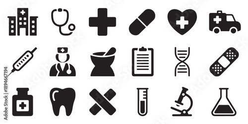 Medical symbols and healthcare equipment icon set featuring hospital staff and laboratory supplies