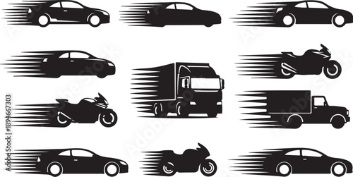 Vehicles in Motion Silhouette Graphic Illustration Set