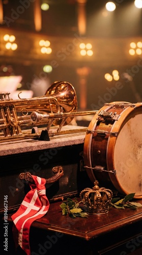 Trombone and drum with Danish flag and crown, symbolizing royal music