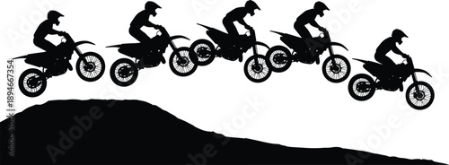 Motocross dirt bike jump silhouette vector illustration motorcycle racing offroad extreme sport action rider black white design collection set