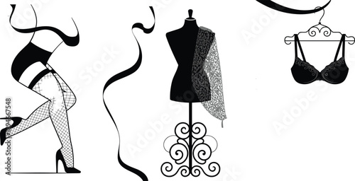 Lingerie fashion mannequin silhouette vector illustration woman body stockings bra ribbon elegant boutique black white design collection set icons