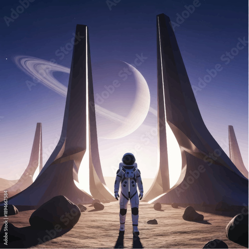Astronaut Standing in Alien Landscape.