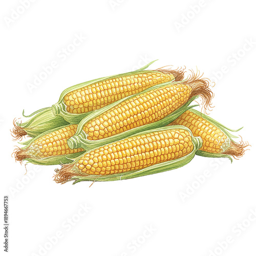 Pile of fresh golden yellow corn cobs with green husks beautifully illustrated in watercolor