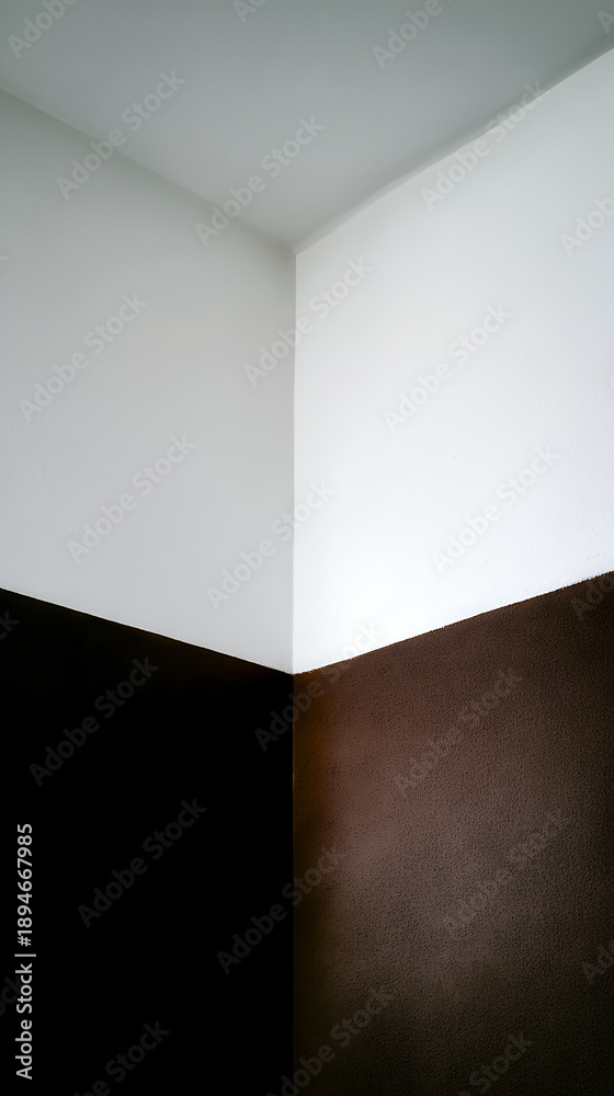Fototapeta premium Unfinished corner of a room showing a sharp contrast between white and brown wall paint